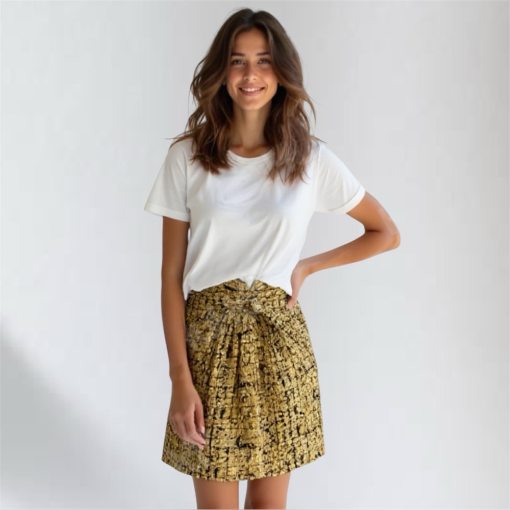 Handmade Metallic Gold Tile Mini Skirt – Size 26 | High-Waist w Faux Wrap Tie